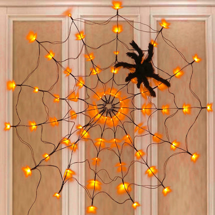 Halloween 80 LED Orange Spider Web Lights with Spider, Battery Powered 8 Modes Light up Cobweb Halloween Decorations for Indoor Ourdoor Garden Yard Home Patio (Orange)