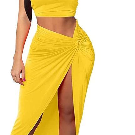 Bodycon Dress for Women Sexy One Shoulder Two Piece Outfits Slit Skirt