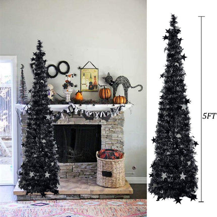 Halloween Tree Pop up Tinsel Trees 5FT Black Collapsible Pencil Trees Artificial Halloween Xmas Tree for Home Fireplace Party Indoor Outdoor Decoration(Pop up Tinsel Trees for Black, 5FT)