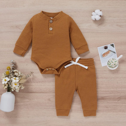 Infant Newborn Baby Boy Girl Clothes Cotton Long Sleeve Jumpsuits+Long Pants Fall Winter Solid Outfits Set (Caramel,12-18 Months)