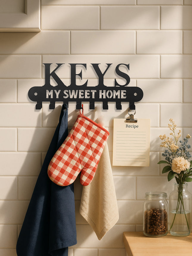 Sweet Home' Key Holder With Wall-Mounted Coat Rack-Metal ,Entryway Storage Rack