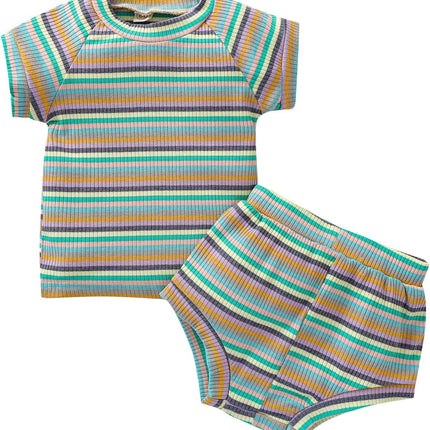 Newborn Baby Girl Boy Autume Clothes Long Sleeve Bodysuit Top+Flared Trousers Pant Set Solid Outfit 2Pcs (Shorts Set-Striped Blue&Green, 2-3 T)