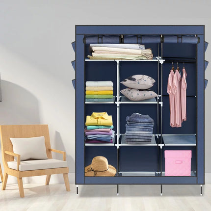 Portable Closet Storage Organizer Wardrobe Clothes Rack Shelves Navy Blue