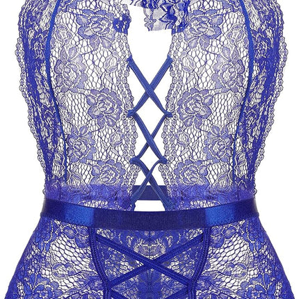 Plus Size Lingerie for Women Sexy Halter Teddy Bodysuit Lace Deep V One Piece Chemise Clubwear Blue,Xxl