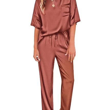 Womens Silk Satin Pajama Set Short Sleeve Shirt with Long Pajama Pant Set Two-Piece Pj Sets Soft Sleepwear Loungewear Nightwear Button-Down Pjs S-XL, Caramel, XXL