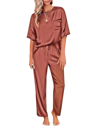 Womens Silk Satin Pajama Set Short Sleeve Shirt with Long Pajama Pant Set Two-Piece Pj Sets Soft Sleepwear Loungewear Nightwear Button-Down Pjs S-XL, Caramel, XXL