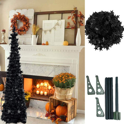 Halloween Tree Pop up Tinsel Trees 5FT Black Collapsible Pencil Trees Artificial Halloween Xmas Tree for Home Fireplace Party Indoor Outdoor Decoration(Pop up Tinsel Trees for Black, 5FT)