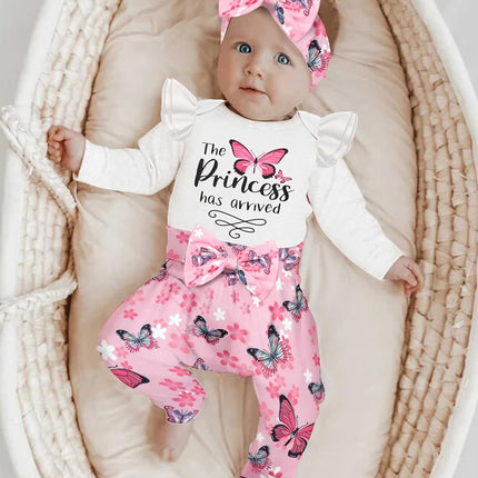 Baby Girl Clothes, Newborn Girl Letter Print Romper Tops +Cute Pants +Hat +Headband 4PCS Spring Summer Outfits Set