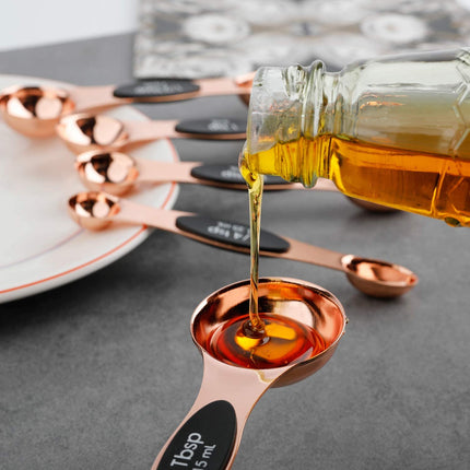 Magnetic Measuring Spoons Stainless Steel Copper Plated Rose Gold Dual Side for Dry and Liquid Ingredients Set of 5