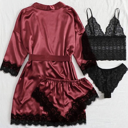 Sexy Lingerie,  Silk Satin Pajamas for Women, Womens Summer Pajamas Pjs Sets of 4 Pcs with Floral Lace Top Shorts and Robe, Gift for Women, Burgundy, XXL