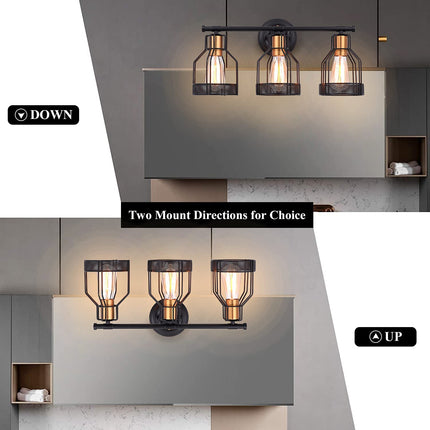 Industrial Bathroom Vanity Light 3 Light Farmhouse Metal Cage Bathroom Wall Light Fixture Black Wall Sconce Lighting Edison Vintage Wall Light Fixture for Bathroom Vanity Mirror Cabinet