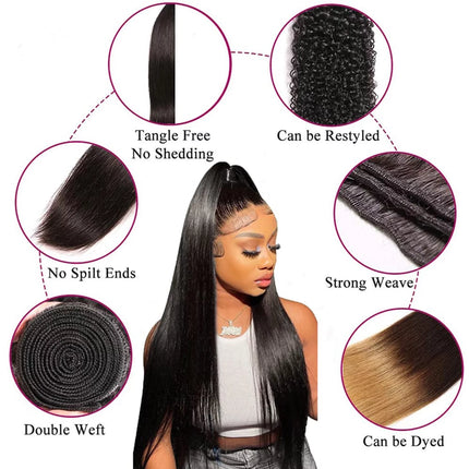 Bundles with Closure Straight Human Hair Brazilians 3 Bundles with 4X4 Lace Closure Natural Black Color 18 20 22+16