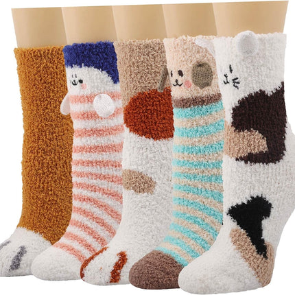 Fuzzy Slipper Socks for Women Fluffy Warm Non Slip Cozy Socks with Grips Winter Girls Soft Socks Animal Design 5 Pairs