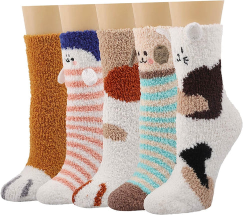 Fuzzy Slipper Socks for Women Fluffy Warm Non Slip Cozy Socks with Grips Winter Girls Soft Socks Animal Design 5 Pairs