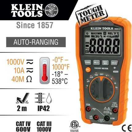 MM600 Multimeter, Digital Auto-Ranging, AC/DC Voltage and Current, Temperature, Frequency, Continuity, More, 1000V