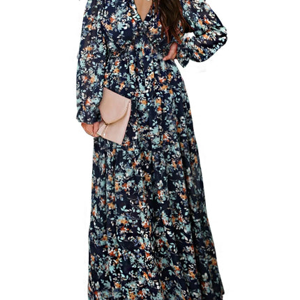 Blue Floral Print Maxi Dress for Women Fall Chiffon Deep V Neck Long Sleeves Ruffle Hem Party Dresses Fashion Elastic Cuffs Boho Dresses for Holiday Vacation, US 4-6(S)