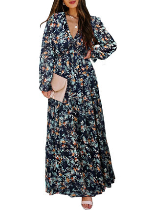 Blue Floral Print Maxi Dress for Women Fall Chiffon Deep V Neck Long Sleeves Ruffle Hem Party Dresses Fashion Elastic Cuffs Boho Dresses for Holiday Vacation, US 4-6(S)