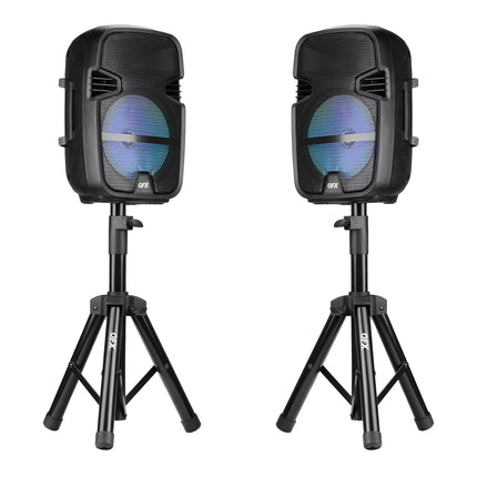 PBX-808TWS TWO 8 INCH PORTABLE PA SPEAKER SYSTEMS with 2 SPEAKERS, 2 SPEAKER STANDS, 2 WIRED MICROPHONES and 2 REMOTES