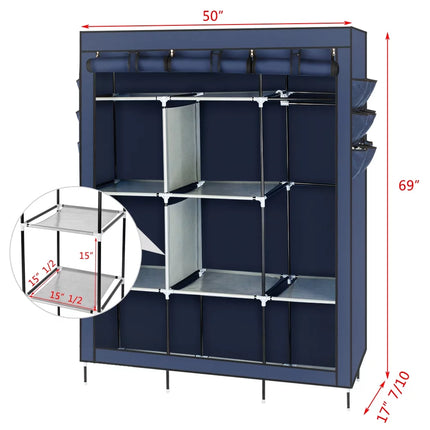 Portable Closet Storage Organizer Wardrobe Clothes Rack Shelves Navy Blue