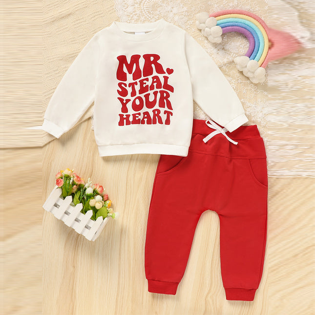 Toddler Baby Tracksuit 2 Piece Set, Fall Winter Long Sleeve Letter Print Pullover With Drawstring Pants For Infants