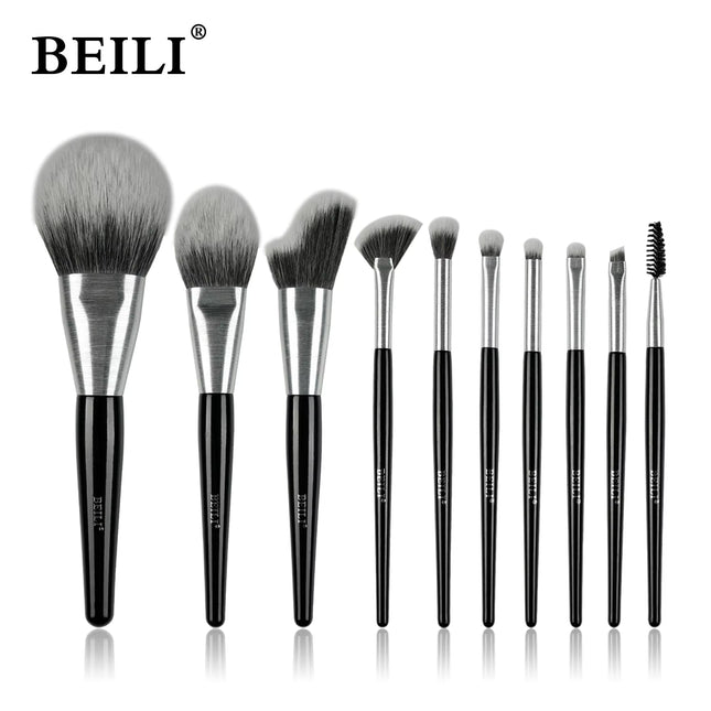 Beili Christmas Gift Makeup Brush Set Of 10, Kabuki Brushes With Synthetic Hair For Foundation, Concealer, And Eyeshadow.