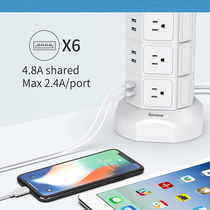 Power Strip Tower,  Surge Protector Tower with 15W Magnetic Wireless Charger, 1050J, 13A Charging Station with 12 AC Outlets & 6 USB Ports, 6.5Ft Extension Cord for Home Office, White