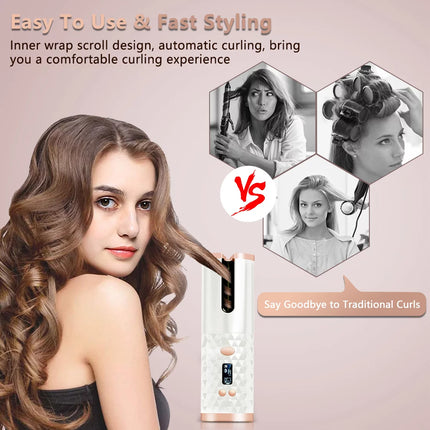 Cordless Hair Curler-Cordless USB Rechargeable Automatic Curling Iron Portable Wireless Curling Wand