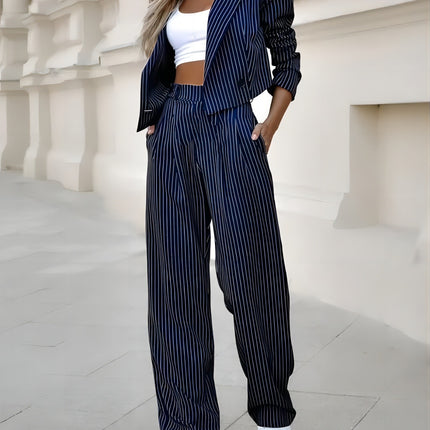 Fashion Striped Suits Casual Lapel Long Sleeve Cropped Top And Straight Pants Outfits Women's Clothing