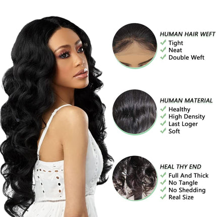 4X4 HD Transparent Body Wave Lace Front Wigs Human Hair with Baby Hair Bleached Knots Black Color 180% Density Brazilian Lace Glueless Human Hair Wigs for Black Women (26 Inch, Natural Black)