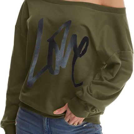 Womens Oversized Sweatshirt Love Letter Printed off Shoulder Sweatshirt Loose Slouchy Pullover Tops(Army Green,M)