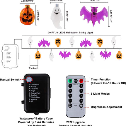 Halloween String Lights Battery Operated 20 Feet 30 LED 3D Pumpkin Bat Ghost Lights with Timer - 8 Light Modes Halloween Decorations Lights Indoor Outdoor Cute Halloween Party Decor (Upgrade)