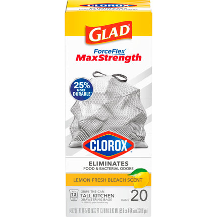 Forceflex Maxstrength with Clorox 13 Gallon Kitchen Trash Bags, Lemon Fresh Bleach, 20 Bags