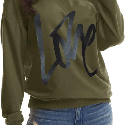 Womens Oversized Sweatshirt Love Letter Printed off Shoulder Sweatshirt Loose Slouchy Pullover Tops(Army Green,M)