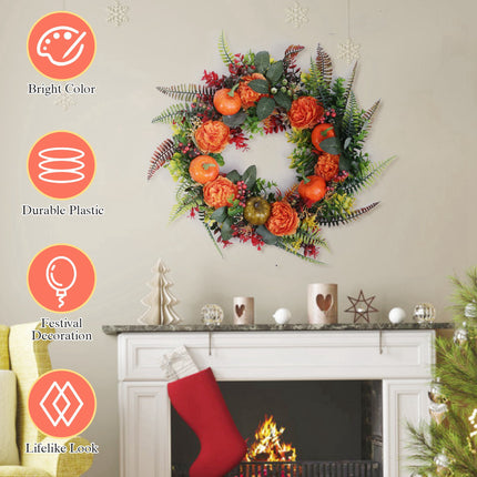 1Pc 17.71IN Autumn Wreath With Pumpkin Mixed Leaves Berries Flowers Fall Decoration For Indoor Outdoor Window Wall Front Door In Halloween Thanks Giving Day
