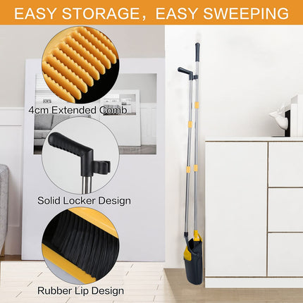 Broom and Dustpan Set for Home,  Dust Pan and Broom Comb, Broom with Dustpan Long Handle, Upright Standing Dustpan Broom Set for Home Room Kitchen Office Lobby Floor Use