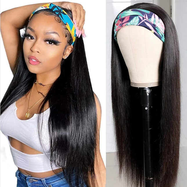 Headband Straight Human Hair Wigs Natural Color Wig No GLUE Easy Wear 12 Inch