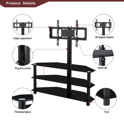 Corner TV Stand, 3-Tier Glass Floor TV Stand with Mount for 32-70" TV