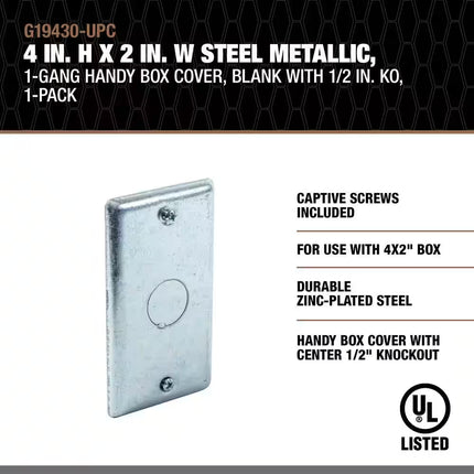 4 In. H X 2 In. W Steel Metallic, 1-Gang Electrical Box Cover with 1/3 In. KO (1-Pack)