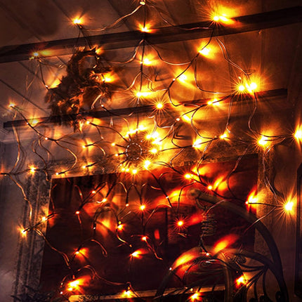 Halloween 80 LED Orange Spider Web Lights with Spider, Battery Powered 8 Modes Light up Cobweb Halloween Decorations for Indoor Ourdoor Garden Yard Home Patio (Orange)