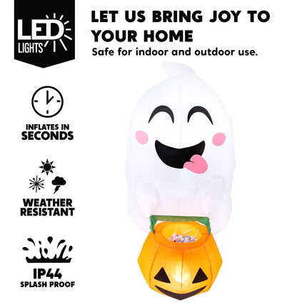 4.5 FT Halloween Inflatable Outdoor Cute Flying Ghost with Pumpkin Candy Basket Broke Out from Window with Built-In LED Blow up Inflatable for Window Decoration Yard