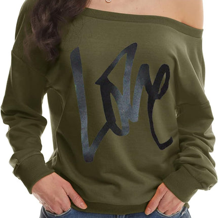 Womens Oversized Sweatshirt Love Letter Printed off Shoulder Sweatshirt Loose Slouchy Pullover Tops(Army Green,M)