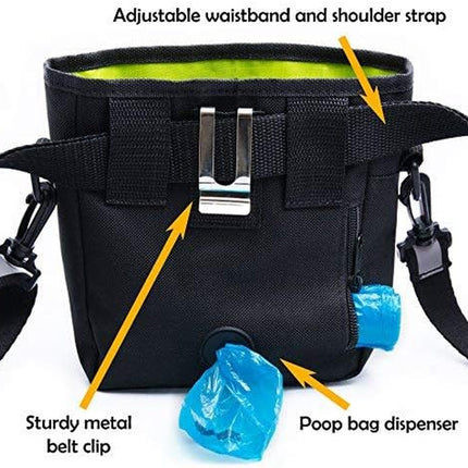 Dog Treat Pouch - Premium Training Treat Bag with Clicker and Collapsible Bowl for Dogs, Adjustable Waist and Shoulder Reflective Straps and Belt Clip, Ideal for Pet Obedience and Agility Training