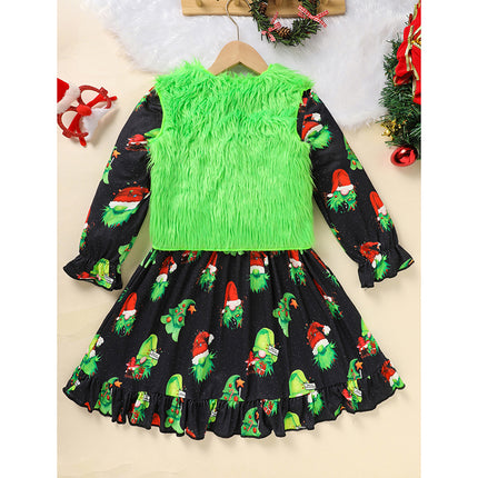 Toddler Kids Baby Girl Christmas Dress Outifts, Long Sleeves Cartoon Prints Party Dress With Heart Print Vest Coat Xmas Clothes Set