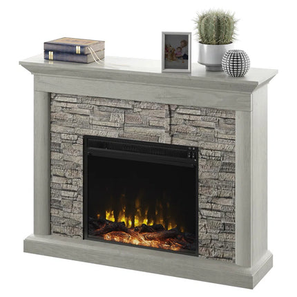 Electric Fireplace Mantel Package in Weathered Gray - Rustic Stacked Stone Surround - Heat 400 SQ FT