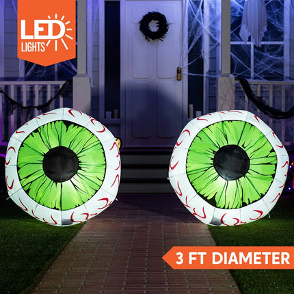 2 Pack Halloween Inflatable Huge Green Eyeballs with Build-In Leds Halloween Blow up Yard Decorations,3 FT Diameter