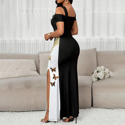 Women's Color-Block Butterfly Print Maxi Dress, Off-Shoulder Bodycon Gown With High Slit For Spring And Summer Parties