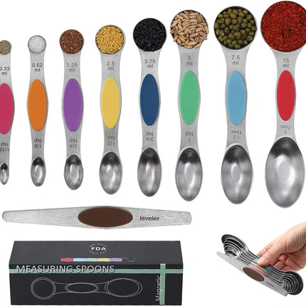 Magnetic Measuring Spoons Set, 9 Pieces Stainless Steel 18/8 Teaspoon Measuring Spoons Set Stackable Fits in Spice Jars Color…