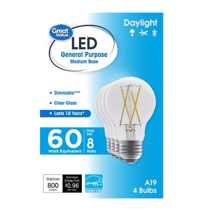 18 Year LED Light Bulbs, A19 60 Watts Eqv, E26, Dim, Daylight, Clear Glass, 4 Pack