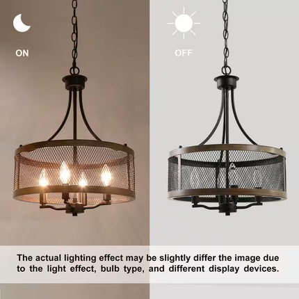 Black Drum Chandelier 4-Light Candlestick Dark Brown Farmhouse round Pendant with Open Cage Frame and Wood Accent