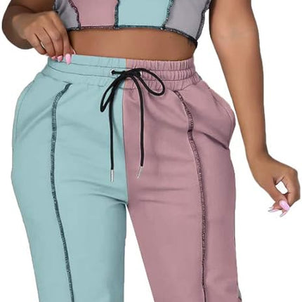 Womens Casual Two Piece Outfits - Sexy Crop Top with Long Pants Yoga Leggings Workout Sets Deep Pink